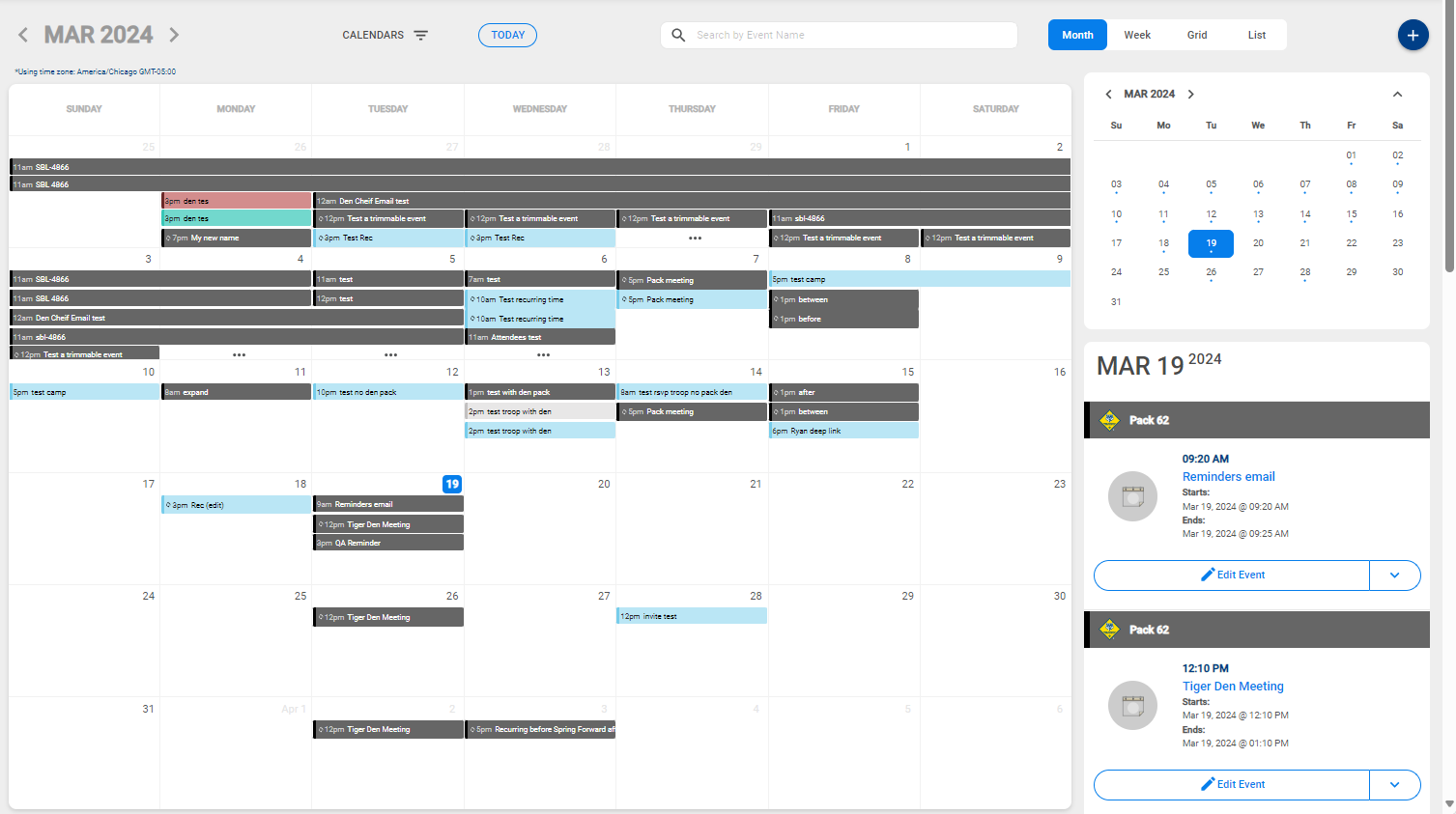 Scoutbook Plus month calendar with event list and the plus button in the top right
