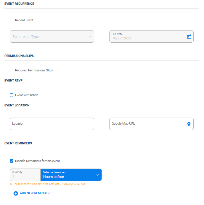 Event form sections: recurrence, permission slips, RSVP, location, and reminders