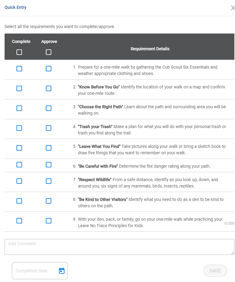 Quick Entry dialog with Complete and Approve checkbox columns for each requirement