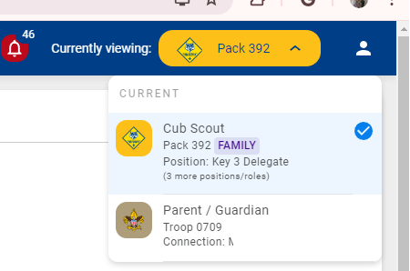 The Currently viewing pulldown listing the user's positions