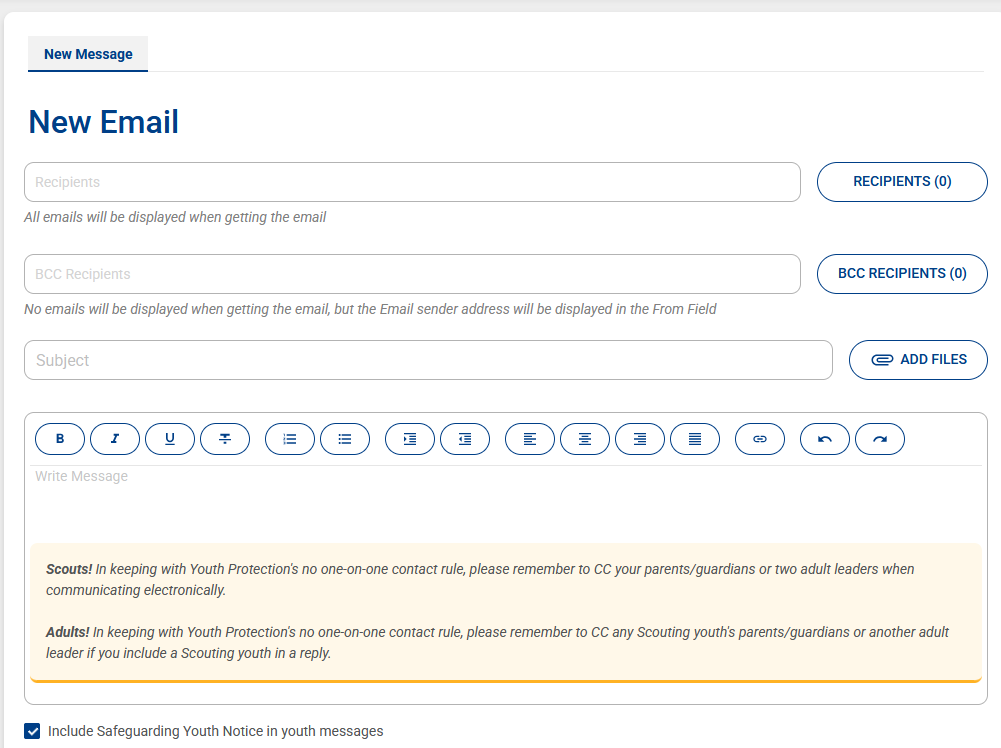 New Email composer with recipients, subject, formatting toolbar, and Youth Protection notice