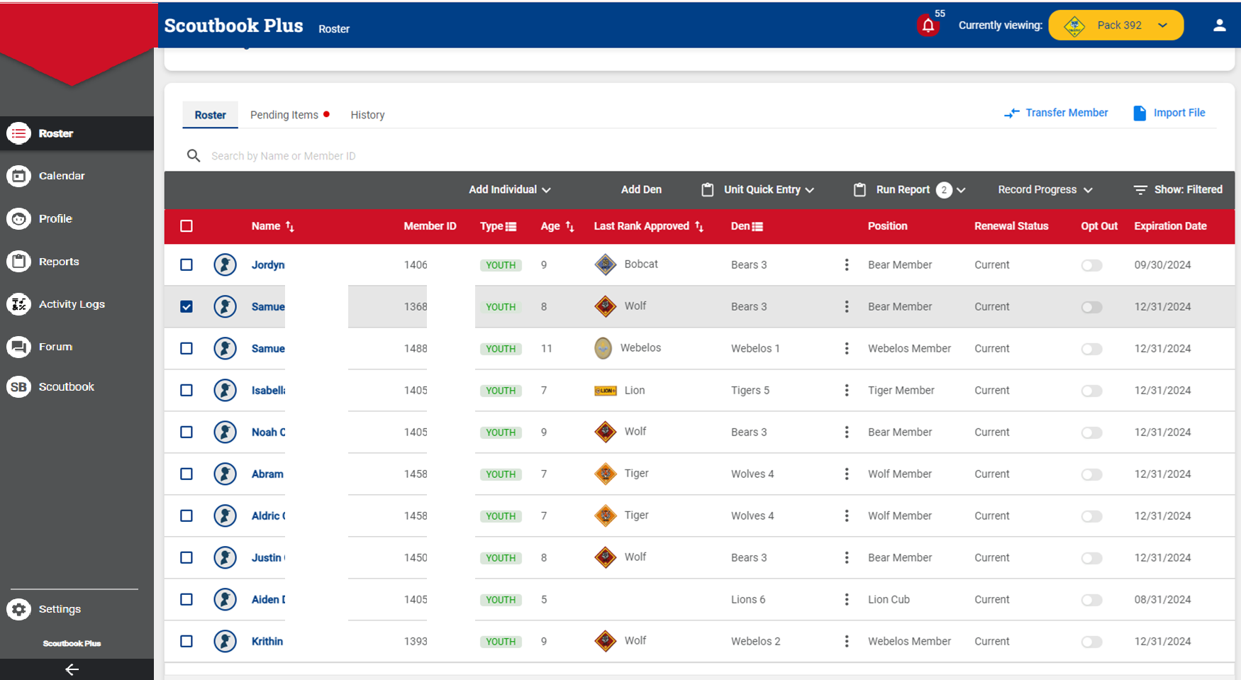 Scoutbook Plus pack roster with left navigation and roster toolbar