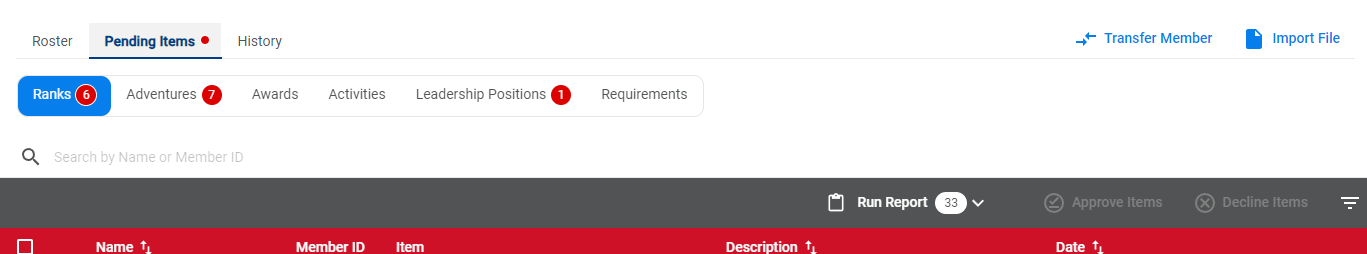 Pending Items tab with Ranks, Adventures, and Awards sub-tabs and their counts