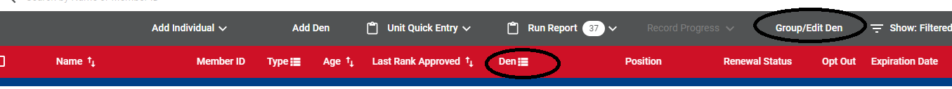 Roster header row with the Den column heading circled