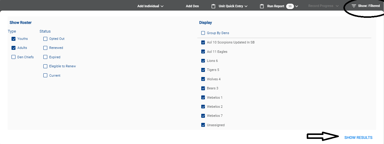 Show Roster filter panel with den checkboxes and Show Results button