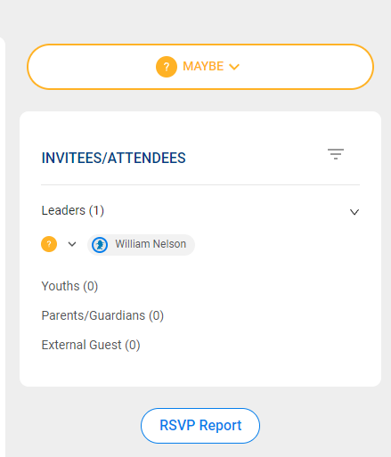 Member view of an event with RSVP dropdown and RSVP Report button