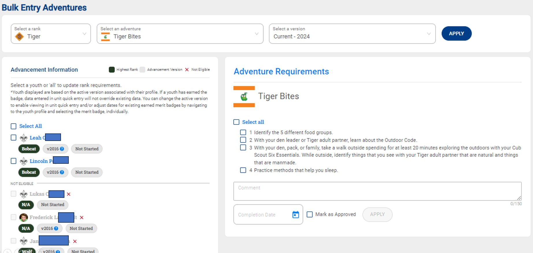 Bulk Entry Adventures screen with rank, adventure, and version selectors, Scout list, and requirement checklist