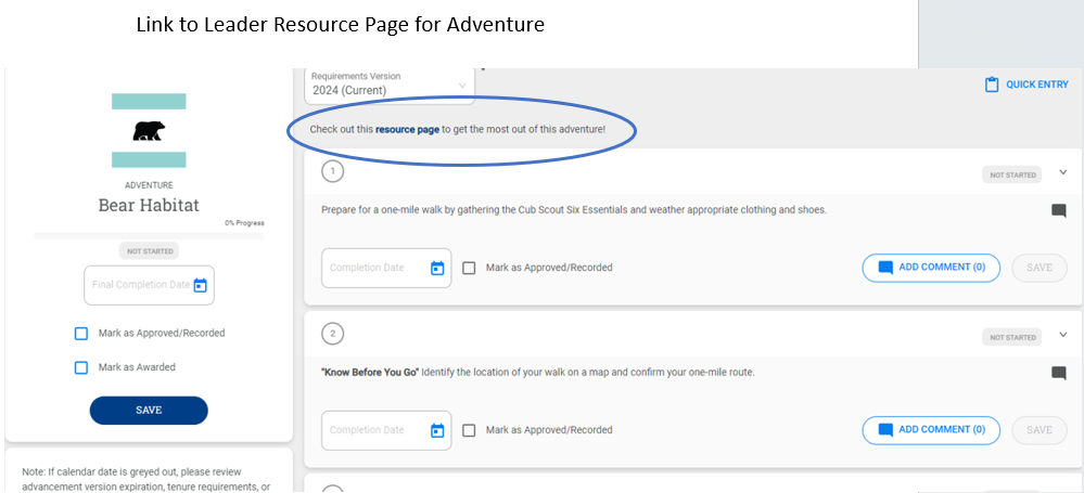 Adventure page listing each requirement with a completion date field, comment button, and Save