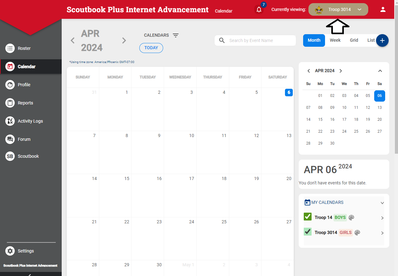 Scoutbook Plus month calendar with unit selector and My Calendars list