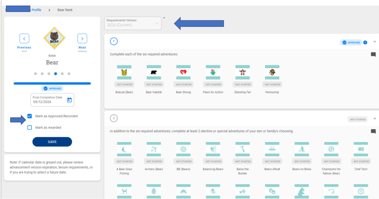 Bear rank page showing six required adventures and elective adventures with their status