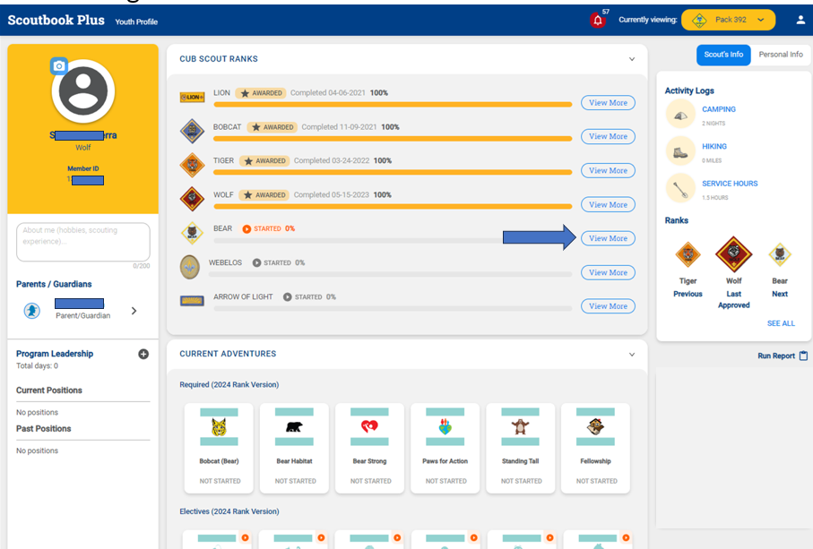 Youth profile with Cub Scout ranks, progress bars, and current adventures