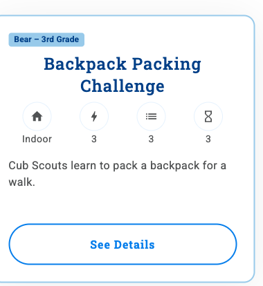Activity card for Backpack Packing Challenge with See Details button