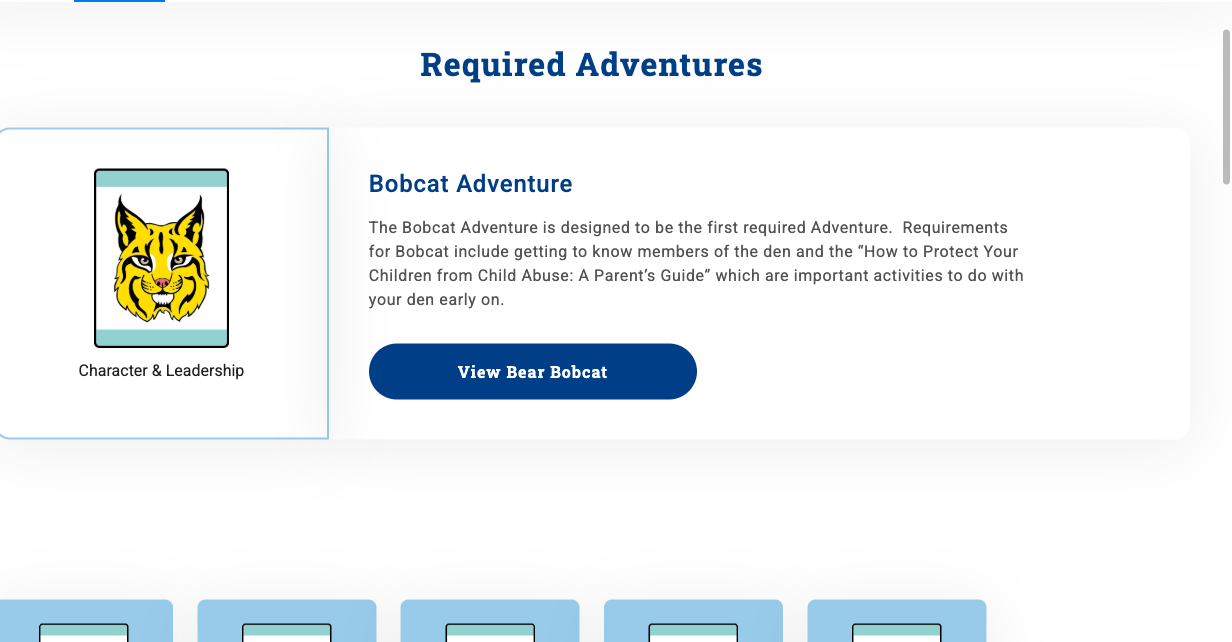 Bear Adventures page listing required adventures, starting with Bobcat