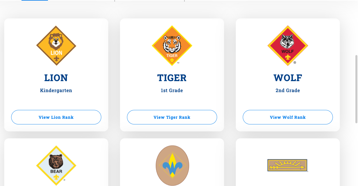 Cub Scout Ranks page with cards for Lion, Tiger, Wolf, Bear, Webelos, and Arrow of Light